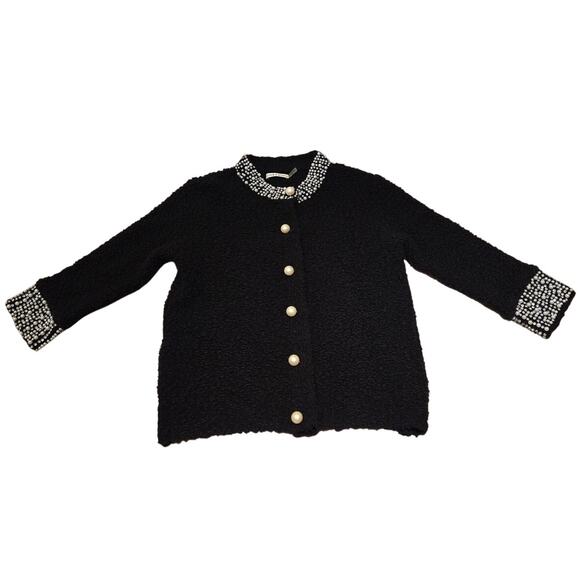 Alice + Olivia Devona Crystal Pearl Embellished Wool Blend Bouclé Black Cardigan - Picture 3 of 8